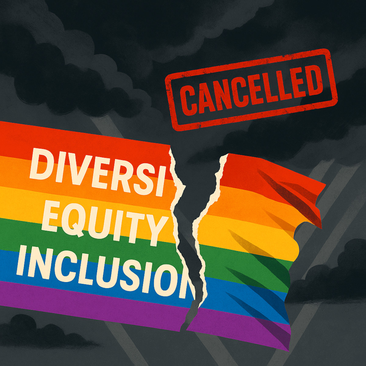 Eine Zerrissene Pride-Flag mit den Worten Diversity, Equity & Inclusion (DEI) vor einem Gewintterhintergrund. Dadrüber ist ein "Cancelled"-Stempel.