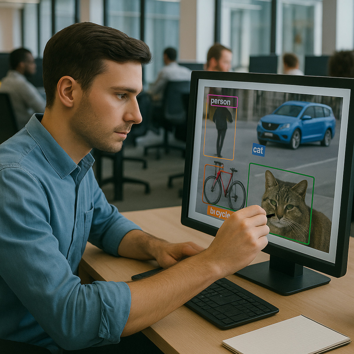 Ein junger Mann mit dunklem Haar sitzt konzentriert an einem Schreibtisch in einem modernen Großraumbüro und annotiert ein Bild auf seinem Monitor. Auf dem Bildschirm ist ein einziges Bild mit mehreren markierten Elementen zu sehen – ein Mensch, ein Auto, ein Fahrrad und eine Katze. Im Hintergrund arbeiten weitere Personen an ihren Schreibtischen, während durch große Fenster Tageslicht in den Raum fällt.