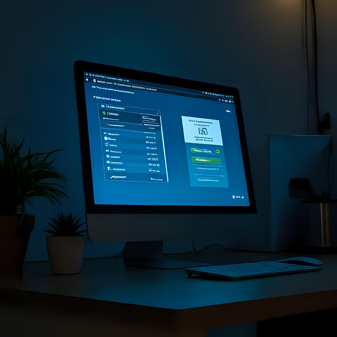 Ein beleuchteter Computermonitor zeigt eine Dateiverwaltung und eine Passwort-Abfrage in einer dunklen Umgebung. Der Arbeitsplatz ist minimalistisch gestaltet, mit zwei kleinen Pflanzen neben dem Bildschirm. Die Szene vermittelt eine konzentrierte, leicht technische Atmosphäre, passend zu Themen wie Datensicherheit, digitale Ordnung oder IT-Administration.