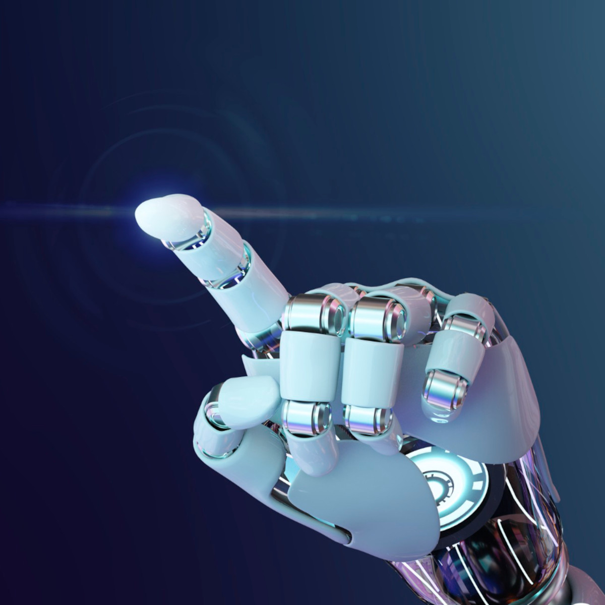 Eine Roboterhand, die etwas auf einem Bildschirm berührt.
