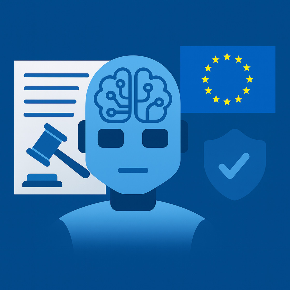 Illustration im Flat-Design-Stil mit blauem Hintergrund: Ein stilisiertes EU-Gebäude mit Sternenkranz steht im Zentrum, umgeben von Symbolen für Technologie, Künstliche Intelligenz und Recht (wie Zahnräder, Datenströme und Paragrafenzeichen)