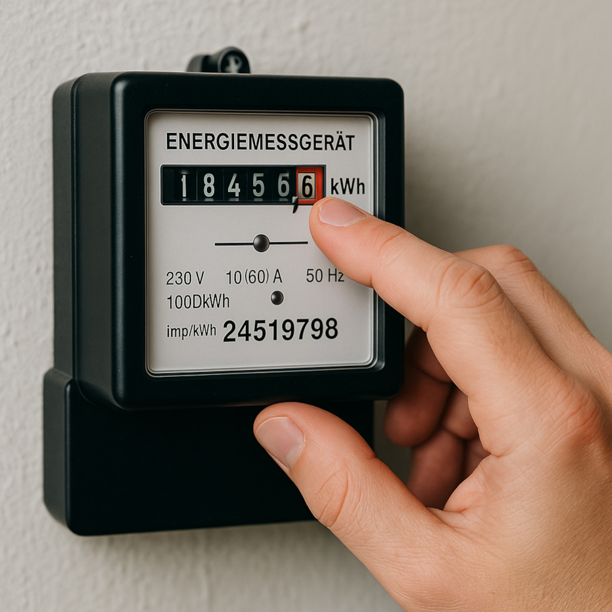 Eine menschliche Hand liest ein analoges Energiemessgerät an einer Wand ab. Das Display zeigt den Zählerstand 18.456,6 kWh.