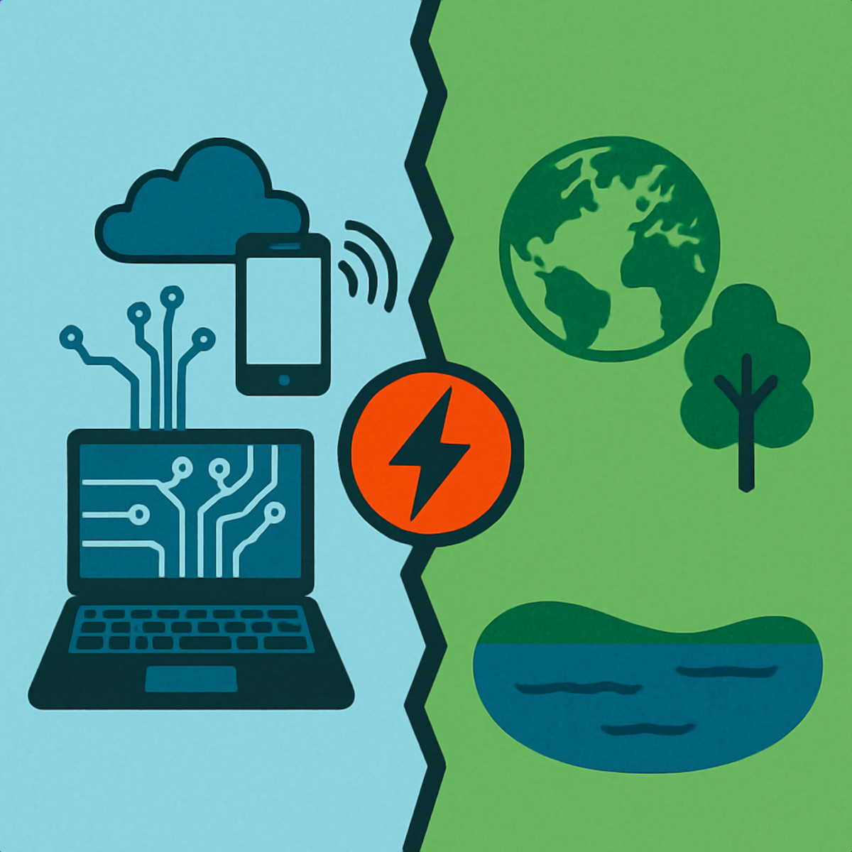 Illustration im quadratischen Format, die den Gegensatz zwischen Digitalisierung und Nachhaltigkeit zeigt. Die linke Bildhälfte ist in blaut gehalten und zeigt Symbole für Technologie: einen Laptop mit Leiterbahnen, eine Cloud, ein Smartphone und ein Funksignal. Die rechte Seite ist grün und zeigt naturbezogene Elemente: eine stilisierte Weltkugel, einen Baum und einen See. In der Bildmitte trennt ein Zickzack-Streifen beide Hälften, darüber liegt ein orangefarbener Kreis mit einem schwarzen Blitzsymbol – als Zeichen des Spannungsfelds zwischen beiden Themen.