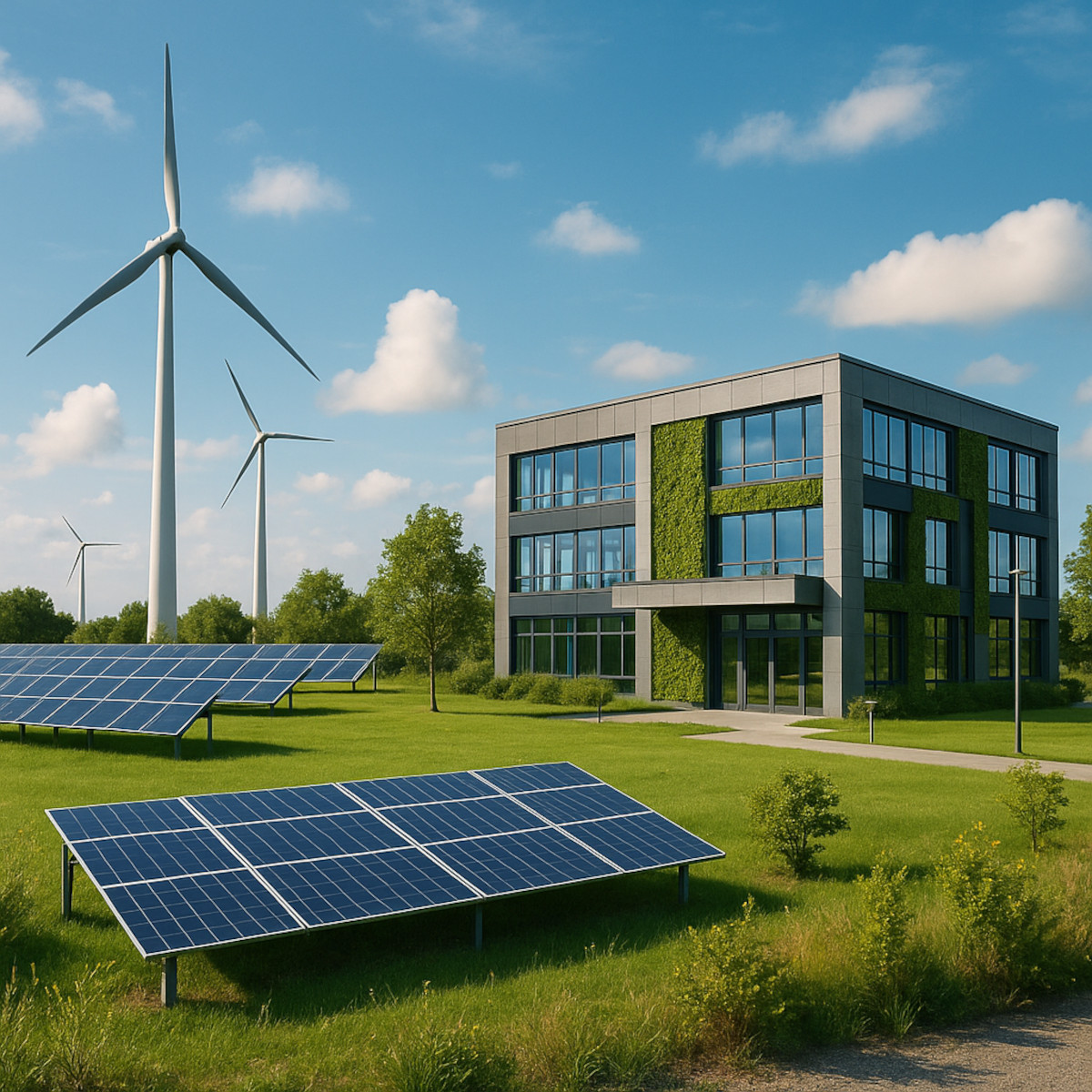 Ein modernes, nachhaltig gestaltetes Bürogebäude mit begrünten Fassaden steht auf einem sonnigen, grünen Campus. Im Vordergrund befinden sich mehrere Reihen Solarpanels auf einer gepflegten Wiese, im Hintergrund ragen Windräder in den blauen Himmel mit vereinzelten Wolken. Der Ort wirkt ruhig und innovativ, eingebettet in eine naturnahe Umgebung.