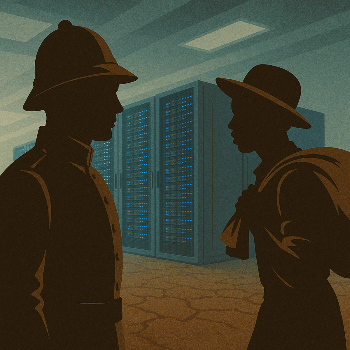 Illustration in Retro-Stil: Ein kolonial uniformierter Mann mit Tropenhelm steht einem afrikanischen Pflückarbeiter gegenüber, der einen Sack über der Schulter trägt. Im Hintergrund befindet sich ein modernes Rechenzentrum mit leuchtenden Serverracks, der Boden ist trocken und rissig – ein Symbol für digitale Ausbeutung im Kontext kolonialer Kontinuität.