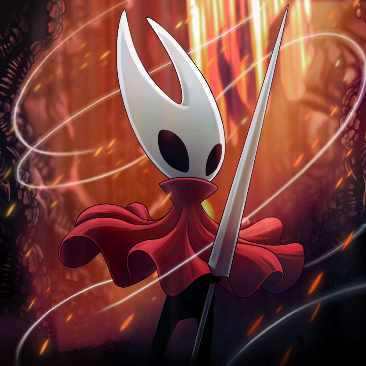 Artwork von Hollow Knight: Silksong, das Protagonistin Hornet mit ihrer Nadel als Waffe zeigt.