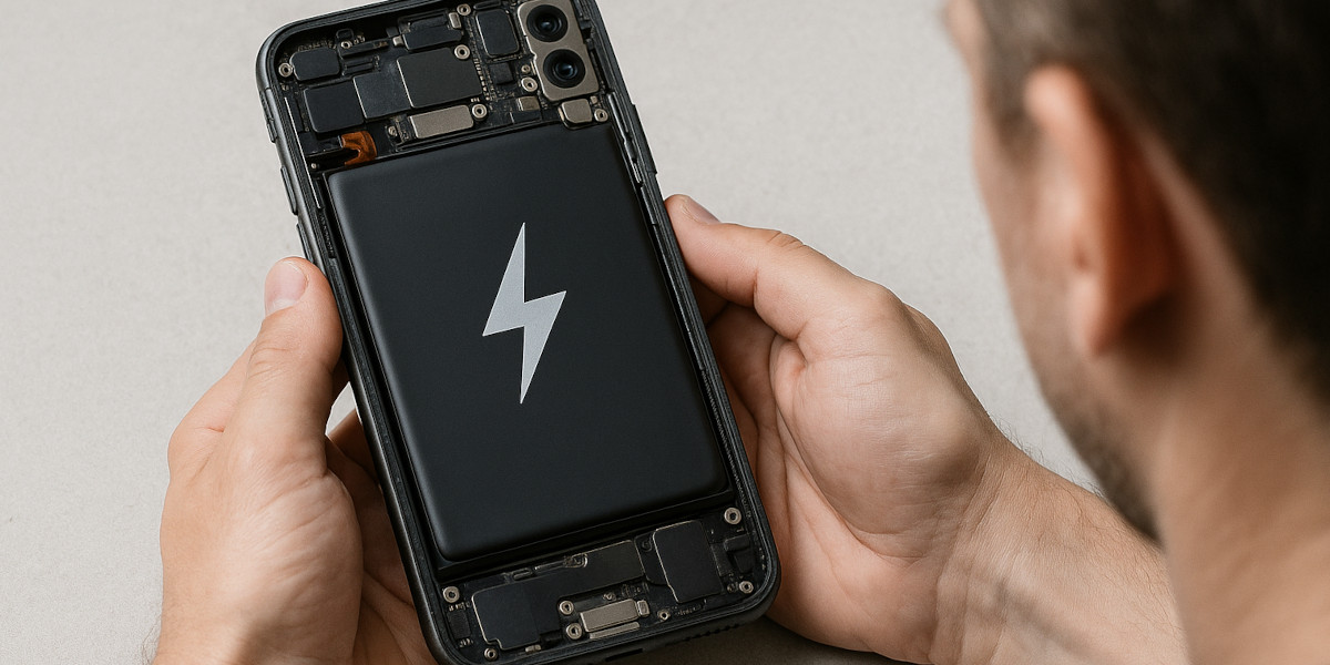 Eine Person hat ein geöffnetes Smartphone in der Hand, in dem auch der Akku zu sehen ist.