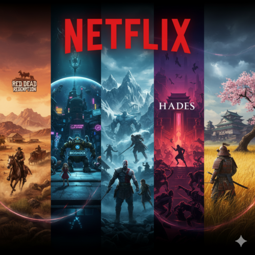 bild 1:1, darin sind die welten von Red Dead Redemption, BioShock, God of War , Hades , Ghost of Tsushima und darüber das Netflix logo