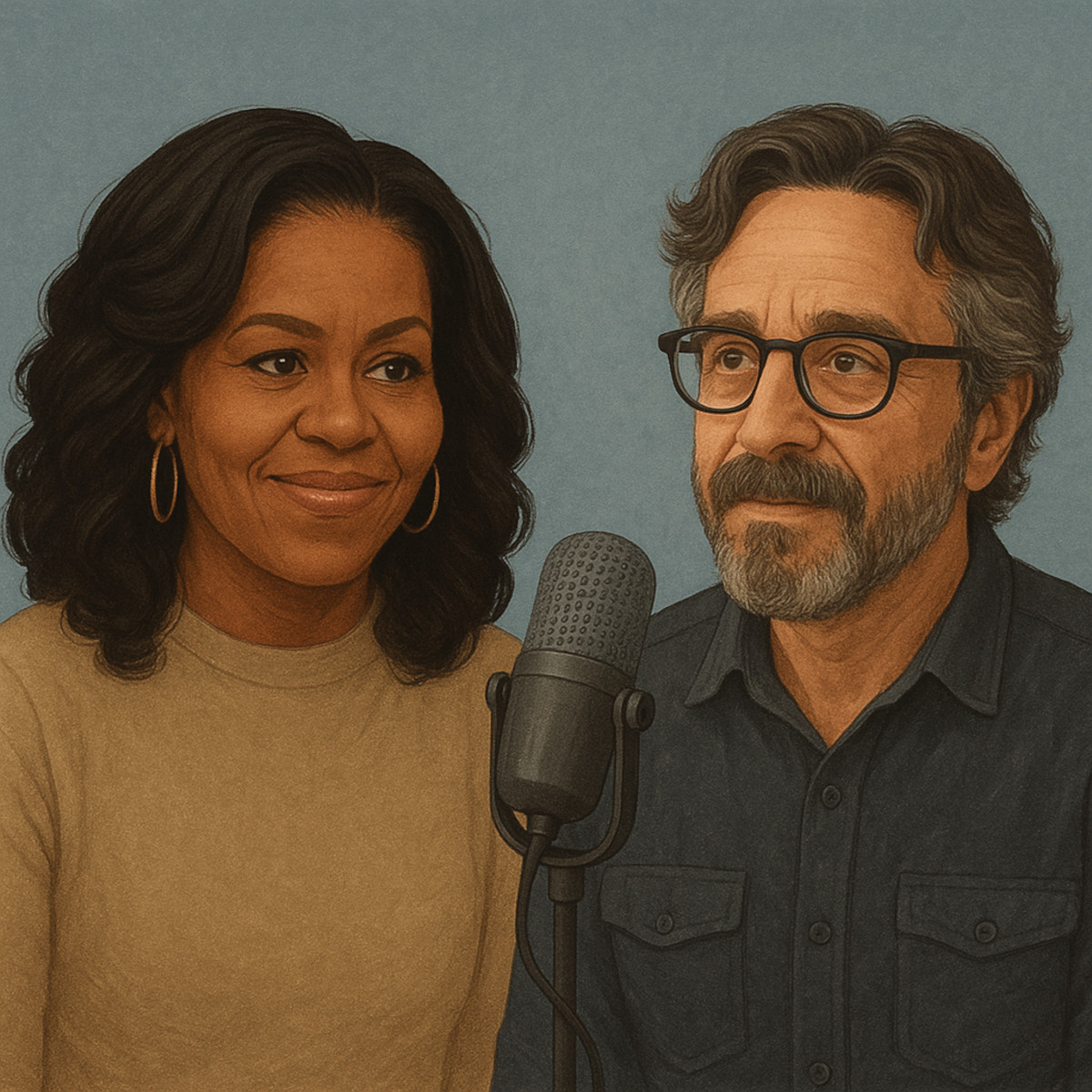 Eine KI-generierte Zeichnung von Michelle Obama und Marc Meron, in der Mitte von beiden befindet sich ein Podcastmikrofon.