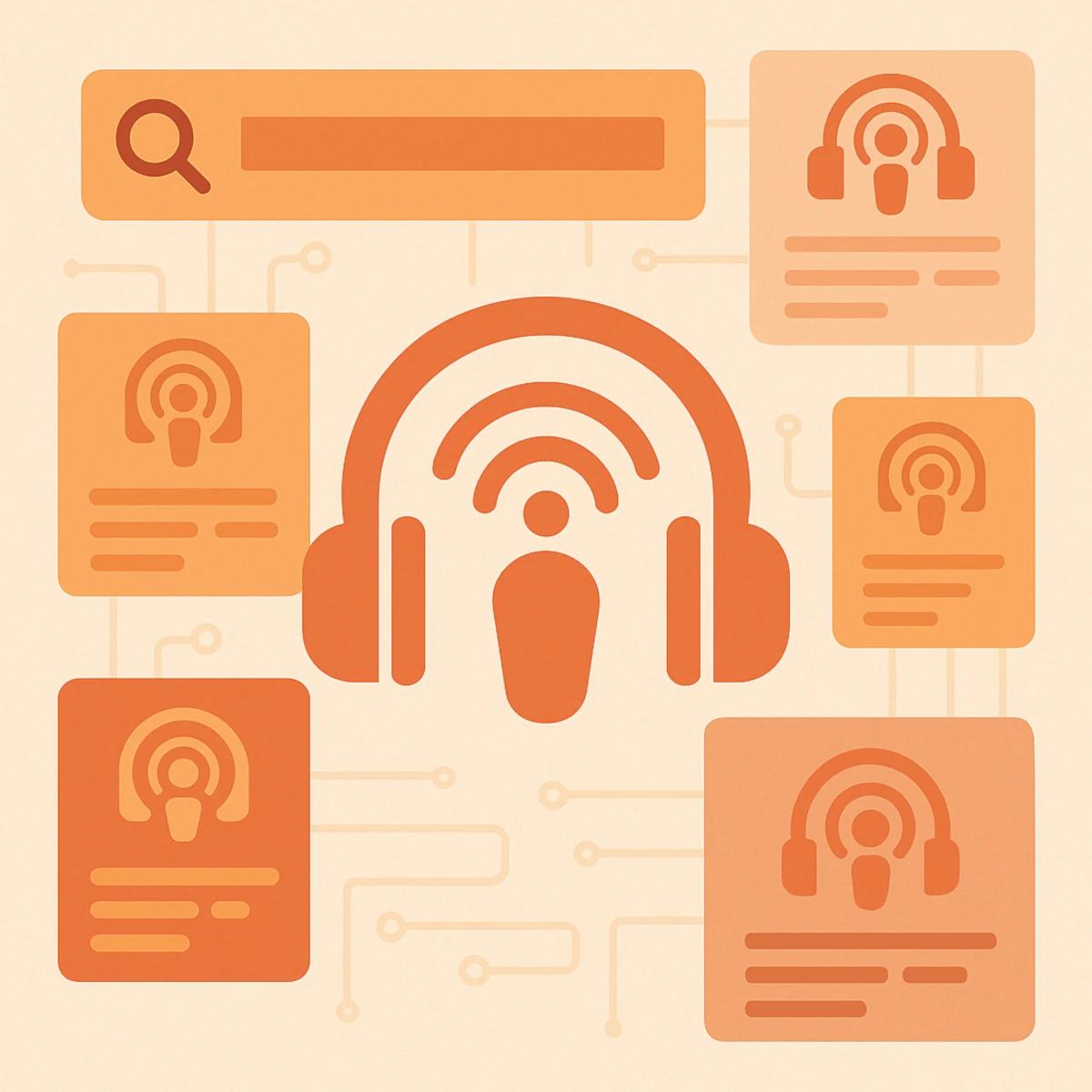 „Abstrakte digitale Illustration einer Podcast-Suchmaschine: In der Mitte ein großes Podcast-Symbol mit Kopfhörern und Wellenlinien, umgeben von mehreren kleineren Kacheln mit Podcast-Icons und einer stilisierten Suchleiste.