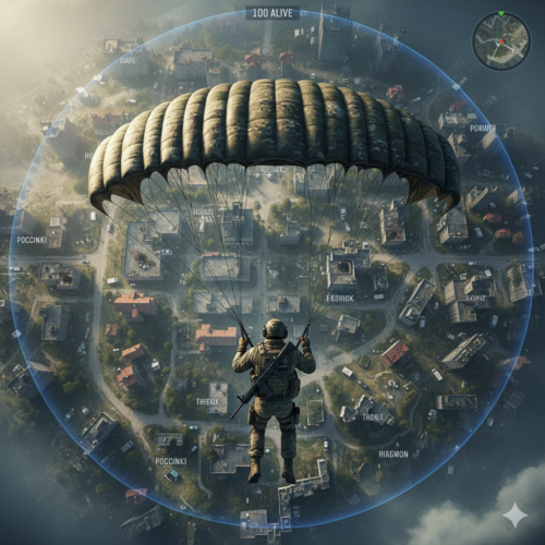 Anderes Bild, 1:1, PUBG, Soldat von oben zu sehen, dropt mit Fallschirm auf die Map von PUBG, die man in gänze im untergrund erkennen kann