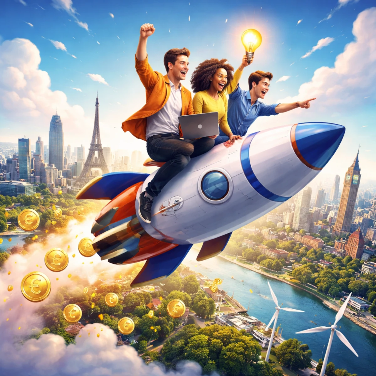 Illustration von drei jungen Gründer:innen, die auf einer Rakete über einer europäischen Stadtlandschaft mit bekannten Wahrzeichen fliegen und Aufbruch, Innovation und Wachstum europäischer Startups symbolisieren.