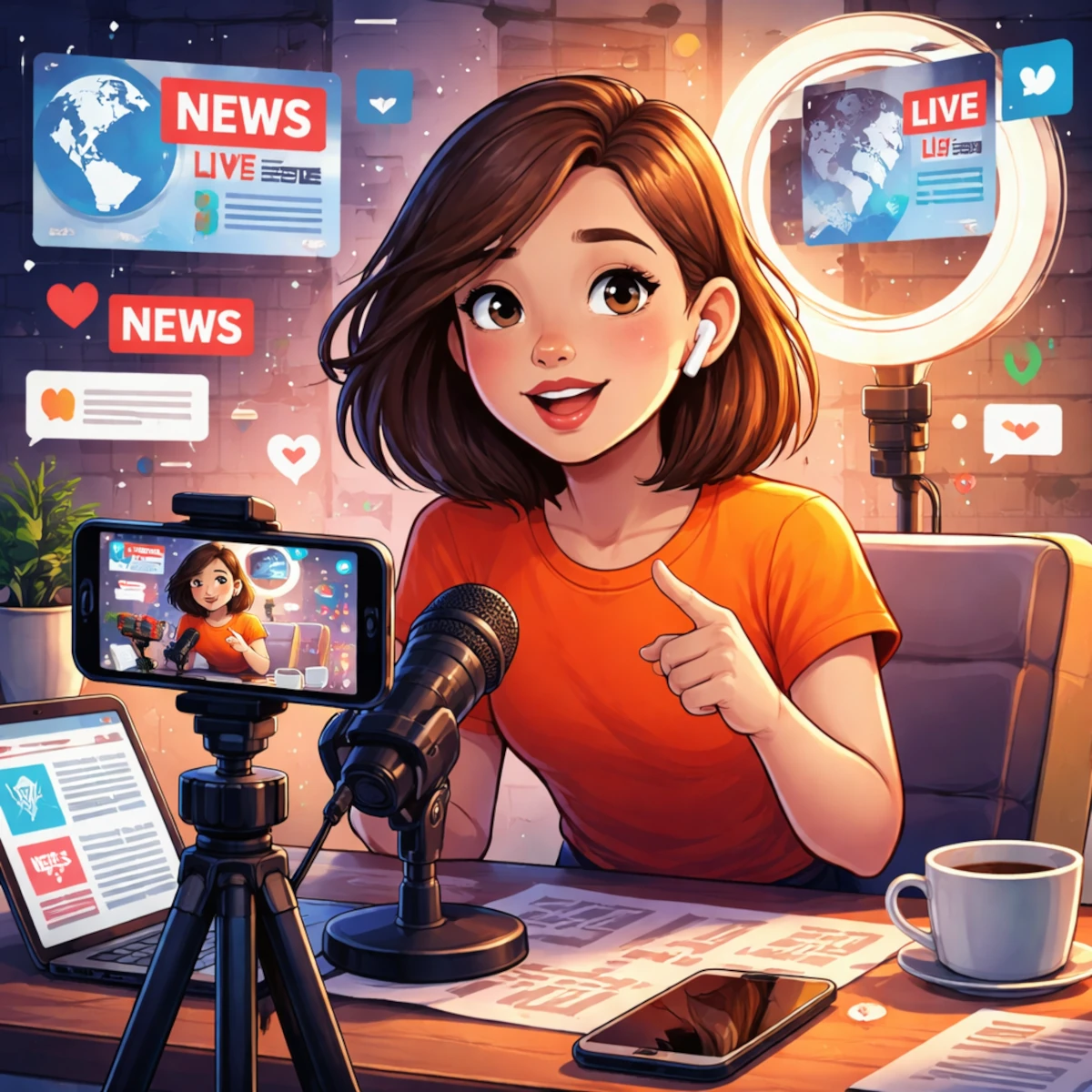 Eine junge Frau sitzt in einem Home-Studio vor Kamera und Mikrofon und nimmt ein Nachrichtenvideo für soziale Medien auf. Vor ihr stehen Smartphone, Laptop und Kaffeetasse, im Hintergrund sind Leuchtring, digitale Symbole und News-Grafiken zu sehen. Die Szene zeigt eine moderne Newsfluencerin bei der Arbeit.