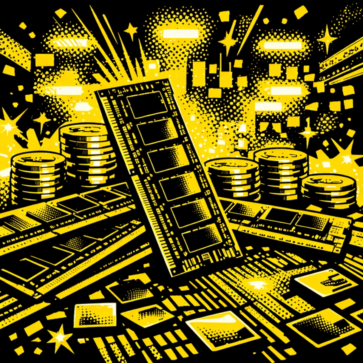 Mehrere RAM-Module stehen auf einer Leiterplatte, dahinter sind gestapelte Goldmünzen zu sehen; im Hintergrund unscharfe Lichter einer Chipfabrik – Symbolbild für steigende Speicherpreise.