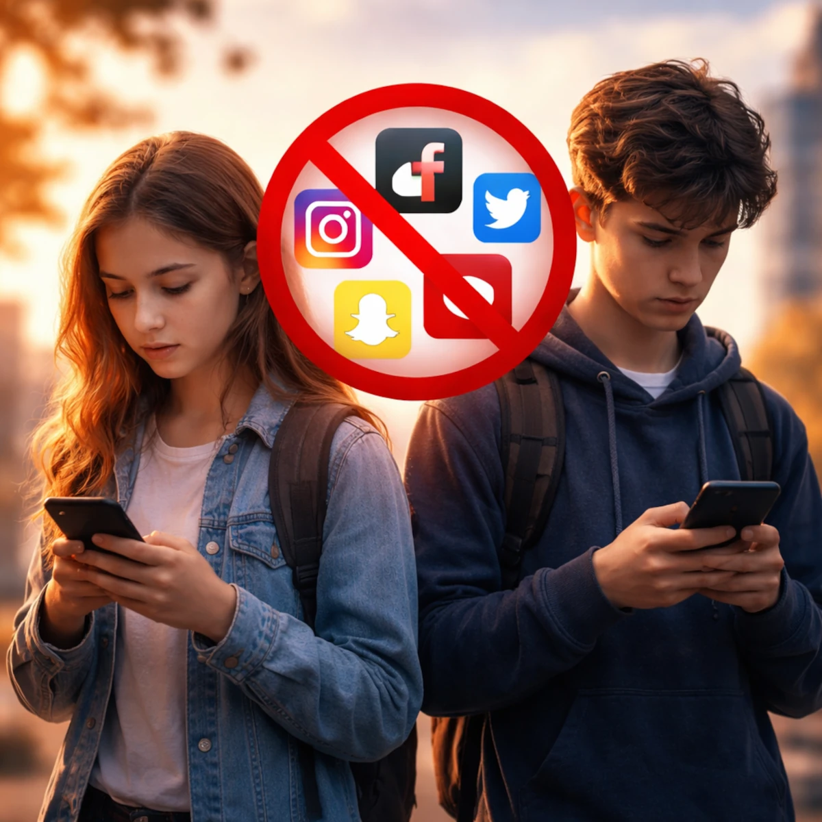 Zwei Jugendliche stehen nebeneinander im Freien bei warmem Abendlicht und schauen auf ihre Smartphones. Zwischen ihnen schwebt ein rotes Verbotssymbol, das mehrere Social-Media-Icons überdeckt. Beide wirken nachdenklich und tragen Rucksäcke vor einer unscharfen städtischen Kulisse.