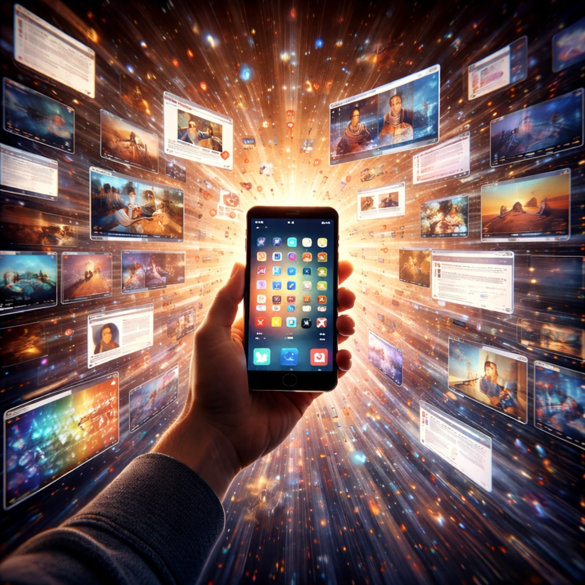 Eine Hand hält ein Smartphone, aus dem ein heller Lichtstrahl strömt, während rundherum zahlreiche schwebende Bildschirme mit digitalen Inhalten in einer dynamischen, überladenen Umgebung erscheinen.