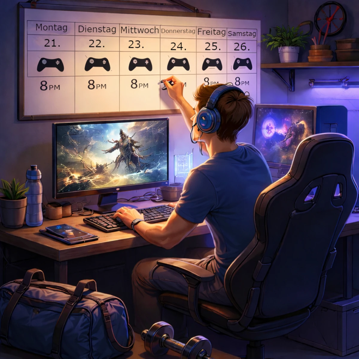 Ein junger Mann mit Kopfhörern sitzt an einem Schreibtisch in einem stimmungsvoll beleuchteten Zimmer und spielt am Computer ein Fantasy-Spiel. Vor ihm hängen zwei Monitore mit Spielszenen, während er gleichzeitig an einem großen Wandkalender schreibt, auf dem für jeden Tag um 20 Uhr Gaming-Zeiten mit Controller-Symbolen eingetragen sind.