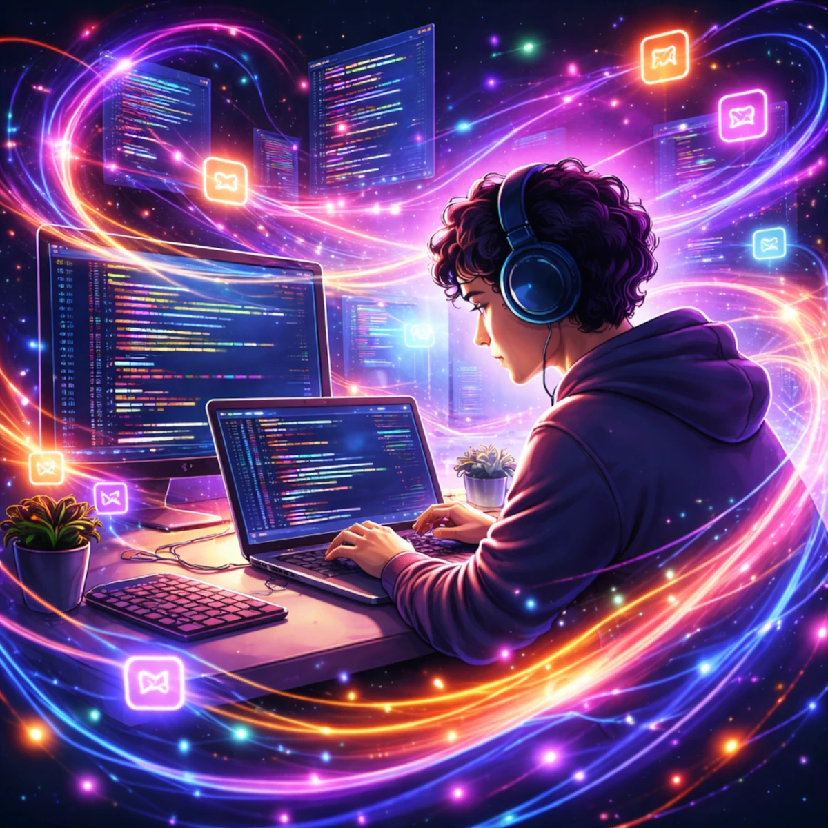 Eine Person mit Kopfhörern sitzt konzentriert am Laptop, während leuchtende, farbige Lichtströme und Codefragmente um sie herumwirbeln und den kreativen Flow des Programmierens visuell darstellen.