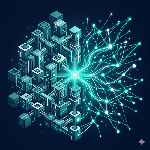 Prompt: Erstelle ein professionelles, abstraktes Titelbild für einen B2B-Tech-Artikel. Linke Bildhälfte: modulare, geometrische Blöcke die ineinandergreifen, symbolisiert Kontrolle und Struktur (On-Premise). Rechte Bildhälfte: fließende Knotenpunkte mit leuchtenden Verbindungslinien, symbolisiert Vernetzung und Skalierbarkeit (Cloud). Beide Hälften verbinden sich in der Bildmitte zu einem gemeinsamen Knotenpunkt. Dunkler Marine-Hintergrund, Akzentfarben Teal und Weiß, leicht isometrische Perspektive, cleaner technischer Illustrationsstil, keine Personen, kein Text im Bild, kein Serverraum, keine Wolken.