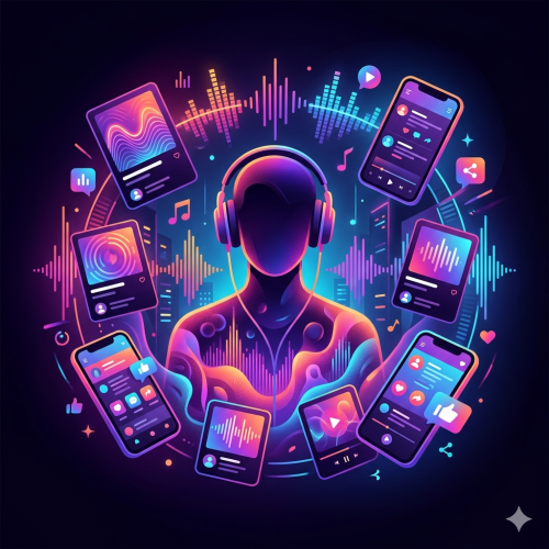 Erstelle ein lebendiges, modernes Titelbild zum Thema Musikstreaming und soziale Medien. Eine abstrakte Silhouette mit Kopfhörern in der Bildmitte, umgeben von schwebenden leuchtenden Elementen wie Soundwellen, Playlist-Karten und Smartphone-Screens. Farbpalette: tiefes Lila, Pink und Orange als Verlauf, dunkler Hintergrund, Neon-Akzente. Stil: digitale Illustration, modern und urban, leicht verspielt. Keine Logos, kein Text im Bild, keine realen Markennamen sichtbar.