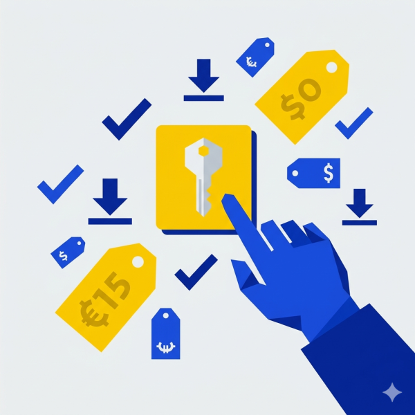 Flat design editorial illustration about buying digital software licenses online. A simple, bold composition showing a hand clicking a floating card or tile with a key icon, surrounded by minimalist price tags, checkmarks and download arrows. Clean white or light grey background, limited color palette with one or two accent colors like cobalt blue and yellow. Sharp geometric shapes, no gradients, no shadows. Editorial magazine style, no text in image, no logos.