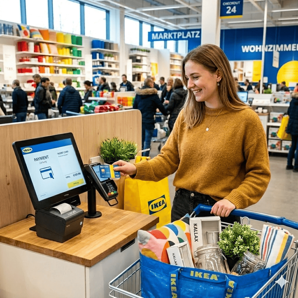 Ein Foto im quadratischen 1:1-Format zeigt eine junge Frau mit langen, hellbraunen Haaren und einem gelbbraunen Strickpullover, die lächelnd an einer Kasse in einer IKEA-Filiale bezahlt. Sie hält eine blau-gelbe Kundenkarte an ein Kartenlesegerät, das neben einem Touchscreen-Kassenterminal angebracht ist. Im Vordergrund steht ein Einkaufswagen, der mit einer blauen IKEA-Tasche gefüllt ist; darin befinden sich bunte Kissen, verpackte KALLAX-Zubehörteile, Gläser und eine kleine künstliche Pflanze. Im hell erleuchteten Hintergrund sind weitere Kunden, Regale voller bunter Produkte und Schilder mit Aufschriften wie „MARKTPLATZ“ und „WOHNZIMMER“ zu sehen.