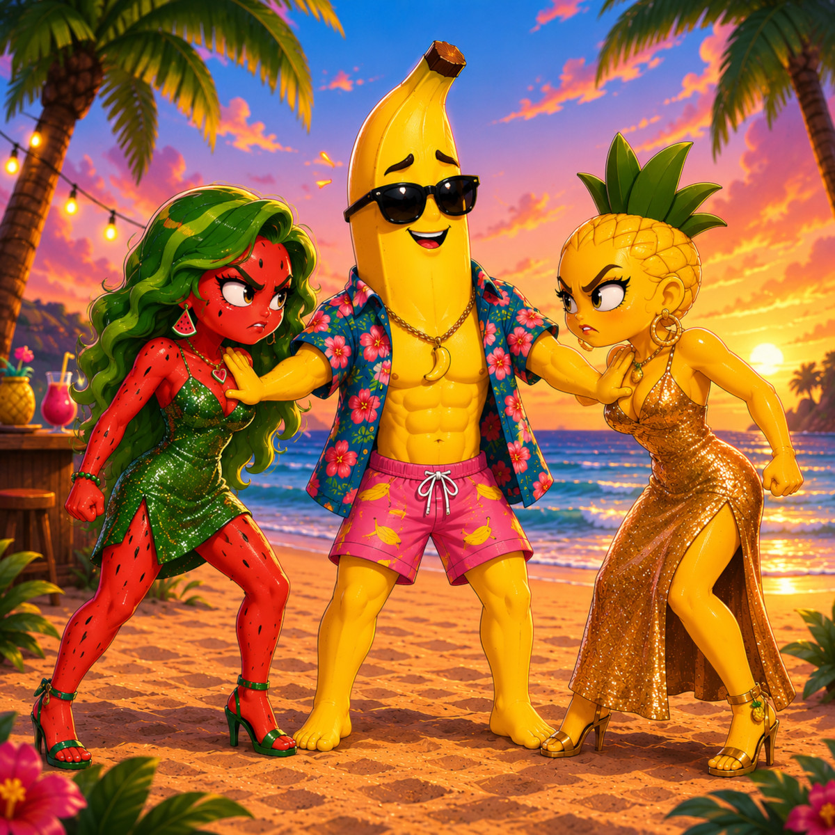 Eine anthropomorphe Banane hält eine ebenfalls menschliche Wassermelone und Ananas auseinander, die sich wütend anfunkeln. Die Szenerie ist an einem tropischen Strand, die Banane trägt Hawaiihemd und Surfshorts, die beiden anderen glitzernde Kleider.