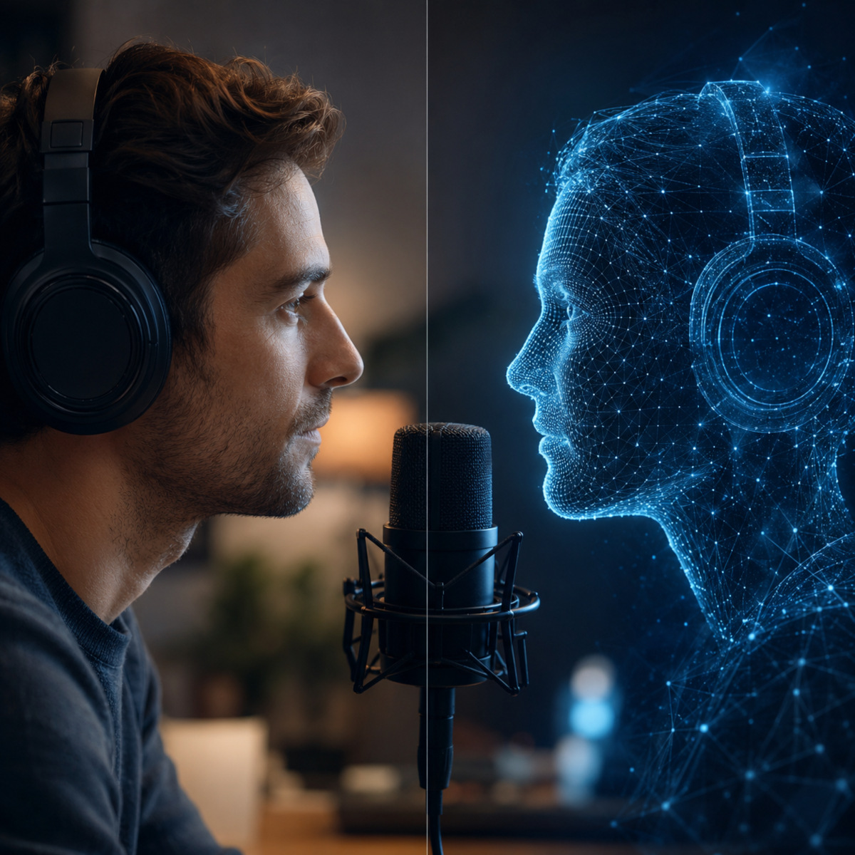Eine echte Person und ein virtueller Avatar stehen sich an einem Podcast-Mikrofon gegenüber.