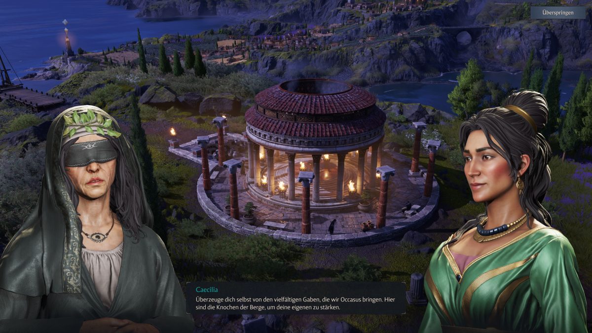 Im DLC "Verheißung des Vulkans" überzeugt uns die Priesterin Caecilia den Vulkan mit Gaben zu beruhigen.