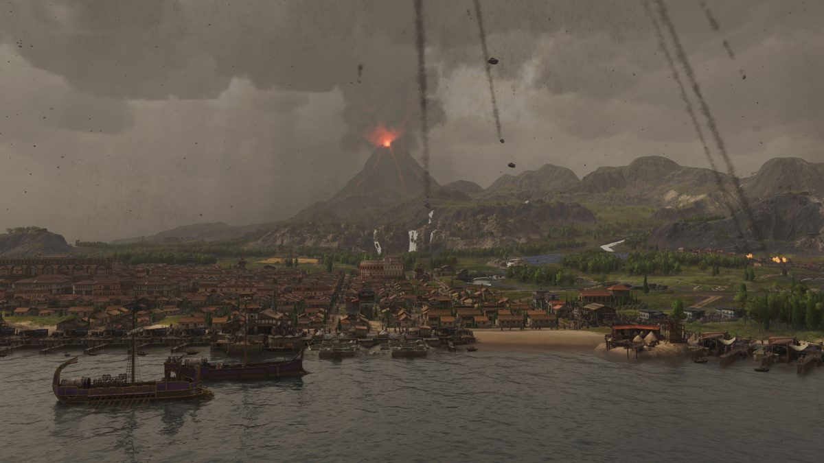 Vulkanausbruch in Anno 117: Pax Romana mit fliegenden Gesteinsbrocken und brennenden Gebäuden im Hintergrund.