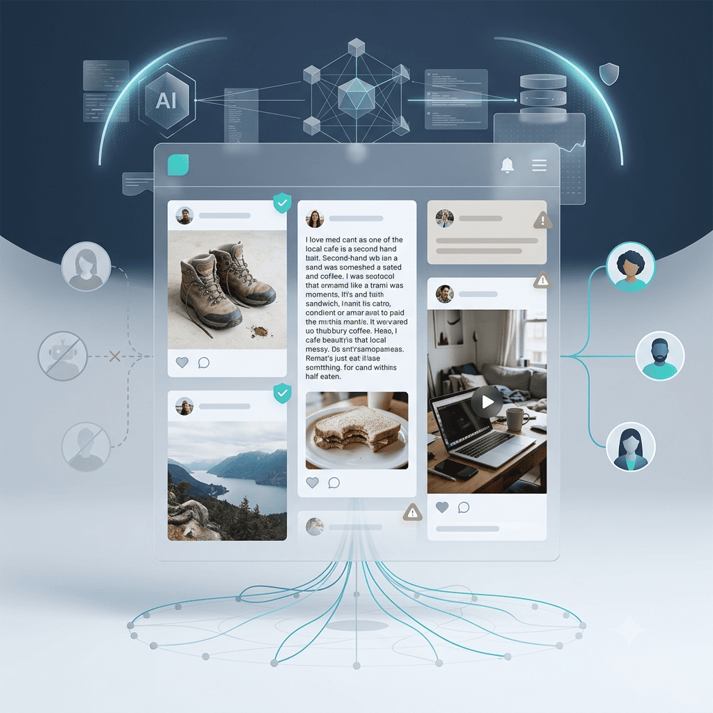 Erstelle ein quadratisches Artikelbild (Seitenverhältnis 1:1) für einen Beitrag über digitales Vertrauen, KI-gestützte Content-Moderation und authentische soziale Netzwerke. Szene: Eine moderne, minimalistische Benutzeroberfläche eines sozialen Netzwerks schwebt in einem abstrakten digitalen Raum. Im Zentrum steht ein transparenter Feed mit authentischen, unperfekten Inhalten: ehrliche Produktfotos, neutrale Bewertungen, kleine Gebrauchsspuren und realistische Alltagssituationen. Einige Beiträge enthalten dezente Warnsymbole oder Verifizierungsmarkierungen. Im Hintergrund analysiert eine abstrakte KI-Infrastruktur die Inhalte: feine Datenlinien, Netzwerkknoten, transparente Schutzschilde und subtile visuelle Elemente, die für Inhaltsprüfung, Vertrauenswürdigkeit und Governance stehen. Verdächtige Bot-Profile und manipulierte Inhalte werden durch ausgegraute Bereiche oder unterbrochene Verbindungen dargestellt. Die Bildsprache soll Vertrauen, Transparenz und digitale Sicherheit vermitteln – ohne Überwachung oder Bedrohung auszustrahlen. Der Fokus liegt auf dem Spannungsfeld zwischen menschlicher Authentizität und intelligenter Technologie. Stil: hochwertige digitale Illustration oder modernes 3D-Rendering, klar, reduziert und redaktionell. Farbpalette aus kühlen Blau-, Grau- und Weißtönen mit dezenten Akzenten in Türkis oder Grün für verifizierte Inhalte. Keine Menschen im Vordergrund, keine Markenlogos, keine Text- oder UI-Beschriftungen, keine überladenen Social-Media-Symbole. Technische Vorgaben: Format 1:1, hohe Detailschärfe, optimiert für Webnutzung, JPEG-Ausgabe mit einer maximalen Dateigröße von 1 MB.