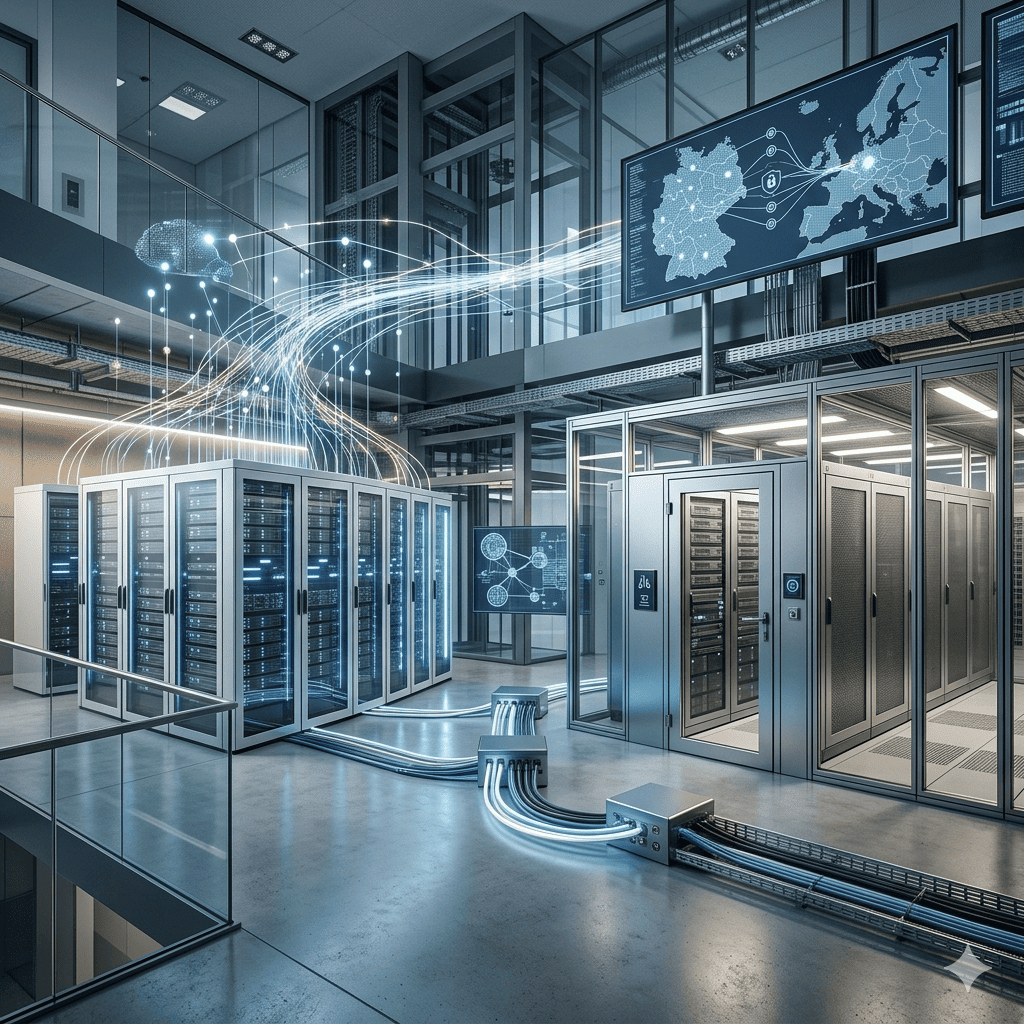 Gemini-Bildprompt (1:1, max. 1 MB, ohne Text im Bild): Erstelle ein quadratisches Bild (1:1) für einen Fachartikel über Cloud-Souveränität, DORA-Compliance und hybride Cloud-Architekturen im deutschen Bankensektor. Zeige ein modernes Rechenzentrum oder einen hochsicheren Kontrollraum mit dezenten Banking-Elementen, digitalen Infrastrukturkarten und abstrahierten Datenströmen. Im Mittelpunkt steht eine hybride IT-Landschaft: ein Teil symbolisiert Public Cloud, der andere Teil eine souveräne, kontrollierte Infrastruktur. Visualisiere Sicherheit, Resilienz, Auditierbarkeit und Datenhoheit durch klare Architekturstrukturen, Netzwerkverbindungen und geschützte Datenknoten. Keine Menschen, keine Logos, keine Marken, keine Text- oder UI-Elemente. Professioneller Editorial-Stil, moderne Unternehmensfotografie, realistisch, hochwertig, seriös, europäischer Finanzsektor. Farbgebung in kühlen Blau-, Grau- und Weißtönen mit dezenten Lichtakzenten. Fokus auf Vertrauen, Kontrolle und technologische Stabilität. Hohe Detailtiefe, aber komprimiert für eine Dateigröße unter 1 MB. Negative Prompt: Keine Personen, keine Banknoten, keine Kryptowährungen, keine futuristischen Sci-Fi-Elemente, keine Dashboards mit lesbarem Text, keine Firmenlogos, keine Wasserzeichen, keine Werbegrafik, keine Cartoon- oder Comic-Darstellung, keine übertriebenen KI-Roboter, keine Smartphones oder Laptops im Vordergrund.