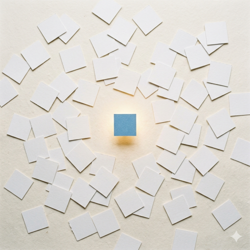 Dozens of identical small white squares are scattered randomly across a warm off-white surface — like physical index cards thrown on a desk. Each one casts a faint shadow. In the middle of the frame, one single Blue square glows faintly gold, slightly elevated above the rest, as if magnetically lifted. No text, no screens, no cables, no digital elements whatsoever. The mood is quiet, almost still-life. Shot from directly above, flat lay perspective, soft diffused daylight. Square format 1:1 aspect ratio, output as JPEG, file size under 1MB.