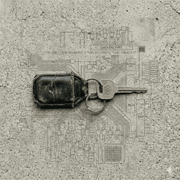> A single car key with a worn leather fob lies on a plain concrete surface. Around it, faint data strings and subtle grid lines are etched directly into the concrete like engravings — barely visible, as if the surface itself holds information. No screens, no glowing interfaces, no dramatic lighting. The mood is understated and documentary. Natural overcast daylight, shot from directly above. Square format 1:1 aspect ratio, output as JPEG at high quality, file size under 1MB.