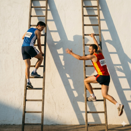 Notiert. Two athletes mid-race, both climbing separate tall ladders leaning against a white wall. The left climber, labeled "SEO" on their jersey, is near the top but visibly slowing down. The right climber, labeled "GEO" on their jersey, is several rungs below but lunging upward with visible effort and speed — one arm outstretched reaching for the next rung. Dynamic action photography style, motion blur on the GEO climber, dramatic side lighting, strong shadows. Realistic, energetic, cinematic. Square format 1:1 aspect ratio, output as PNG, file size under 1MB.