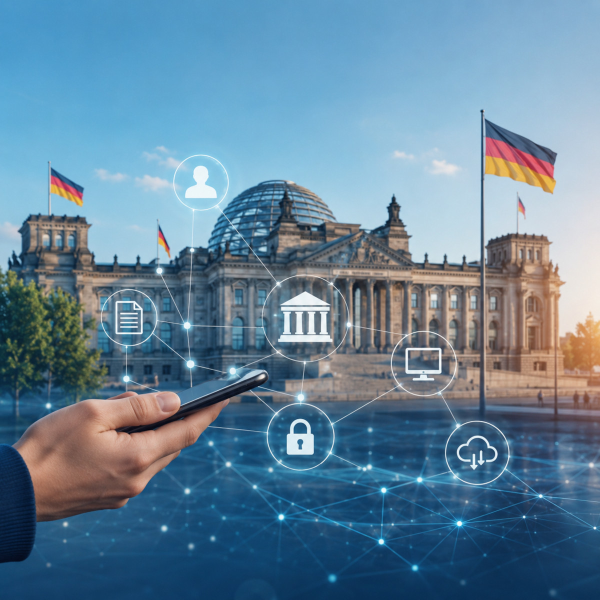 Moderne Illustration zur Digitalisierung der öffentlichen Verwaltung in Deutschland: Vor dem Reichstagsgebäude in Berlin hält eine Person ein Smartphone in der Hand. Darüber sind digitale Netzwerke und Symbole für Verwaltung, Dokumente, IT, Datenschutz und Cloud-Dienste eingeblendet.