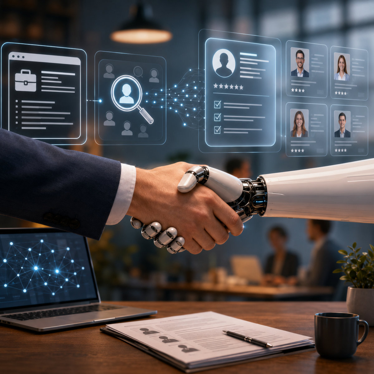 Mensch und Roboter reichen sich in einem modernen Büro die Hand, während digitale Bewerberprofile und KI-gestützte Recruiting-Daten als holografische Oberflächen im Hintergrund sichtbar sind. Symbolbild für den Einsatz von künstlicher Intelligenz in der Personalgewinnung.