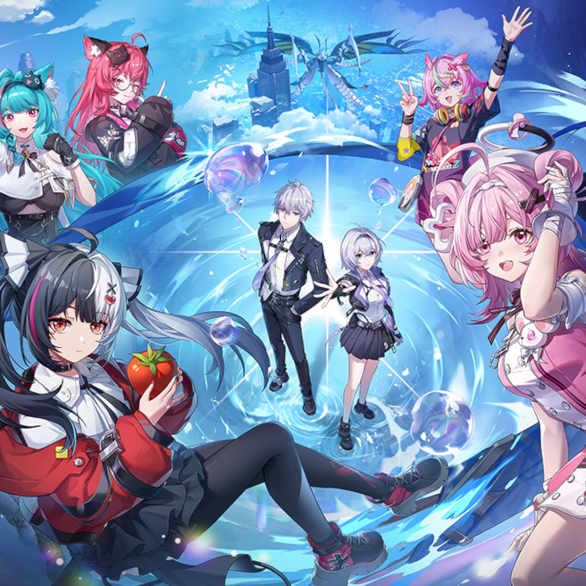 Neverness to Everness Key-Art mit mehreren Charakterenin in einer magischen Strudel.