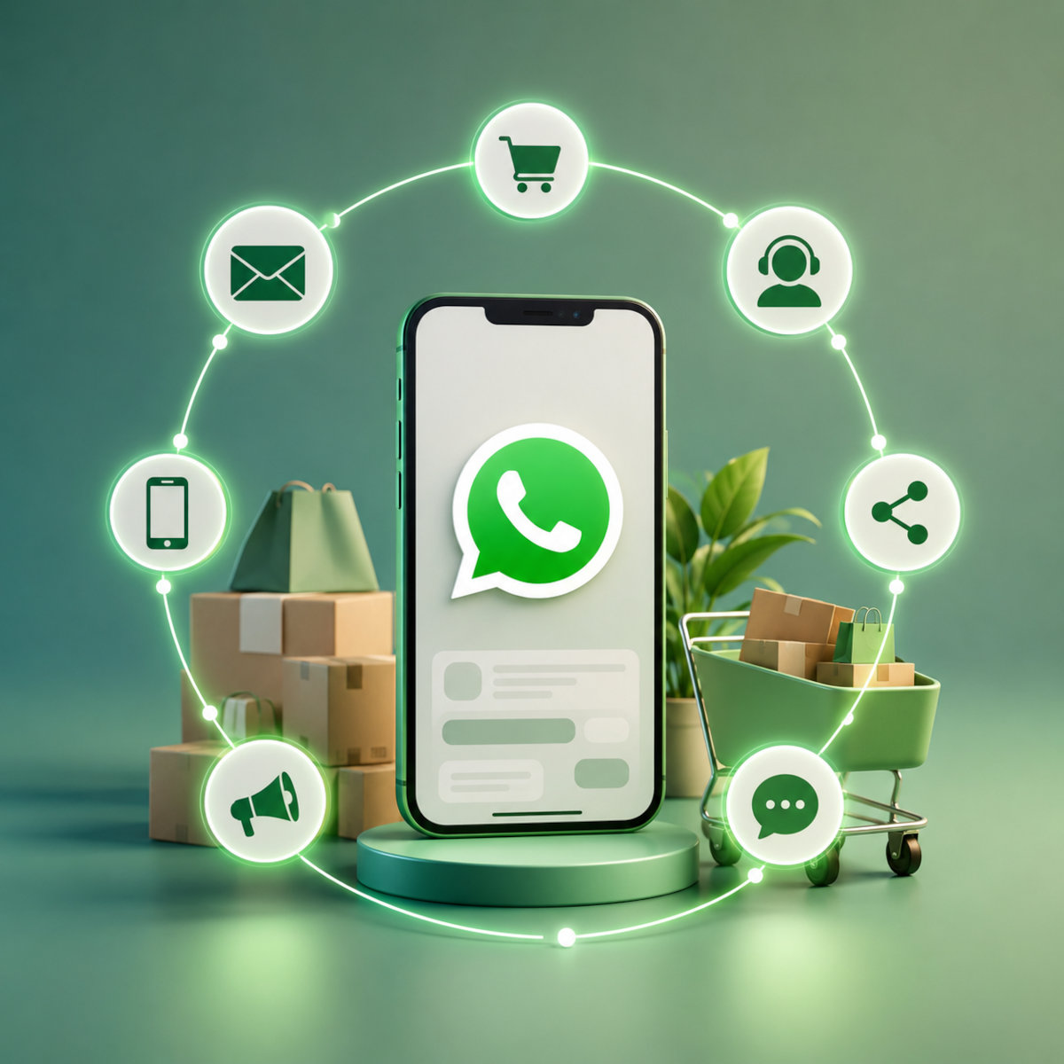 D-Illustration eines Smartphones mit WhatsApp-Symbol im Mittelpunkt einer vernetzten E-Commerce-Umgebung. Um das Smartphone sind über leuchtende Verbindungen verschiedene Kommunikations- und Verkaufskanäle angeordnet, darunter E-Mail, Kundenservice, Social Sharing, Chat, Marketing und Online-Shop.
