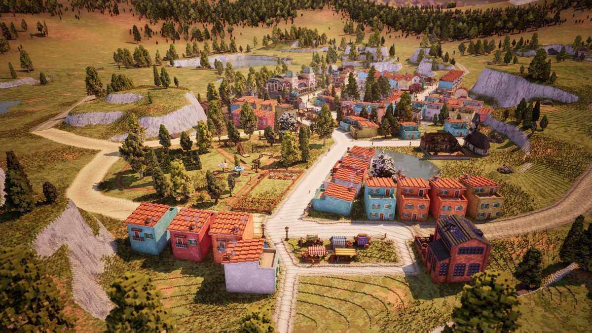 Das Dorf aus dem vorigen Bild ist zu einer kleinem Stadt mit hübschen Park herangewachsen.